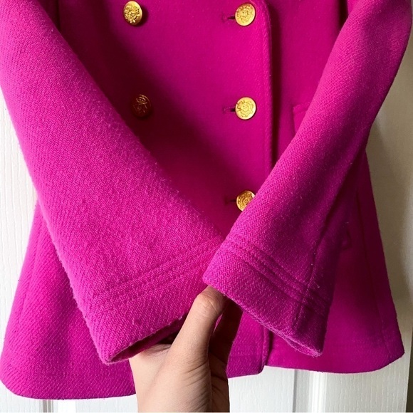 J. Crew Coat Majesty Stadium Cloth Wool Short Double-Breasted Fuchsia 00 GUC - Picture 5 of 8